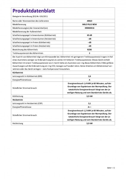 ARGO MILO PLUS mobiles Klimagerät; 3,5kw Kühlen, 3,5 KW Heizen