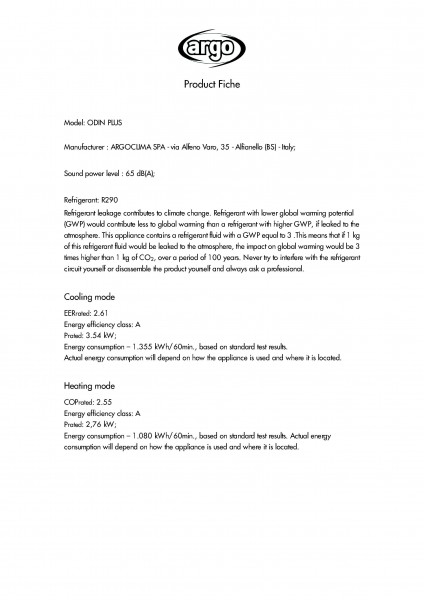 ARGO ODIN PLUS Mobiles Klimagerät; 3,5 KW Kühlen - 2,76 KW Heizen