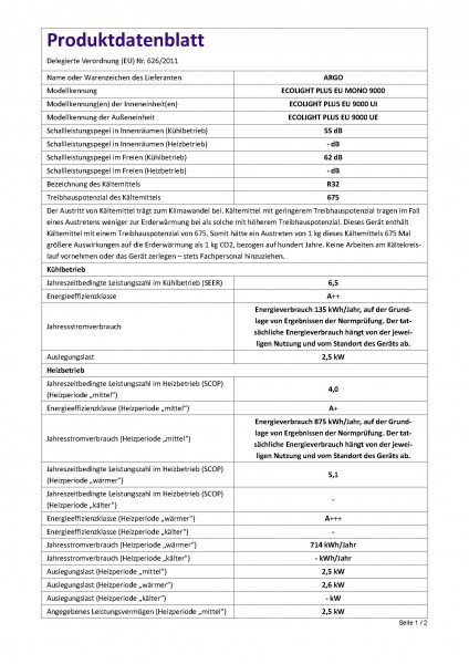 Ecolight Plus 9000 WF Mono Splitklimagerät 2,5 KW